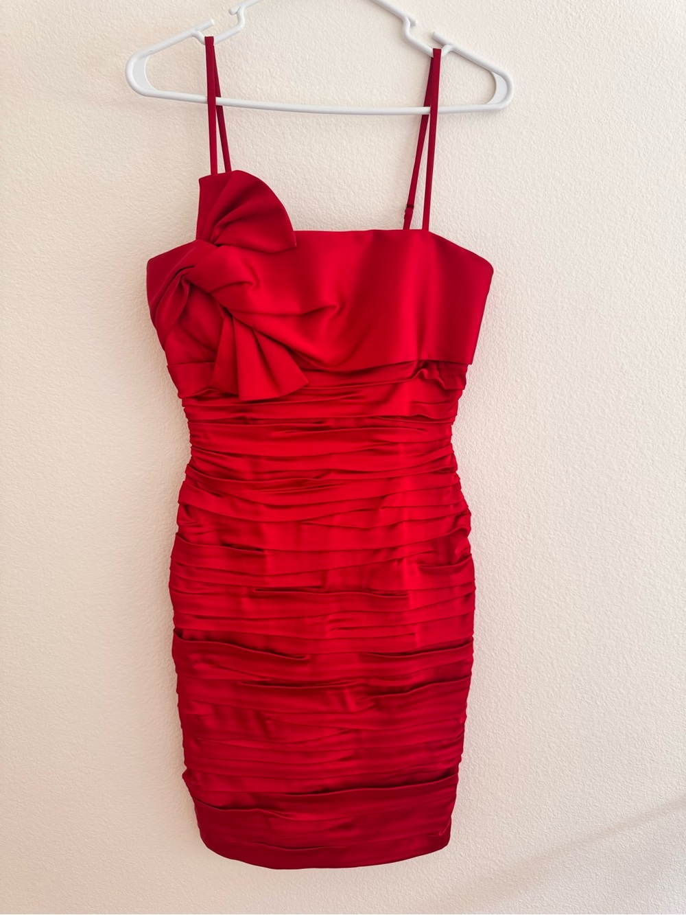 Calvin Klein Red Ruched Mini Dress with Bow Accent